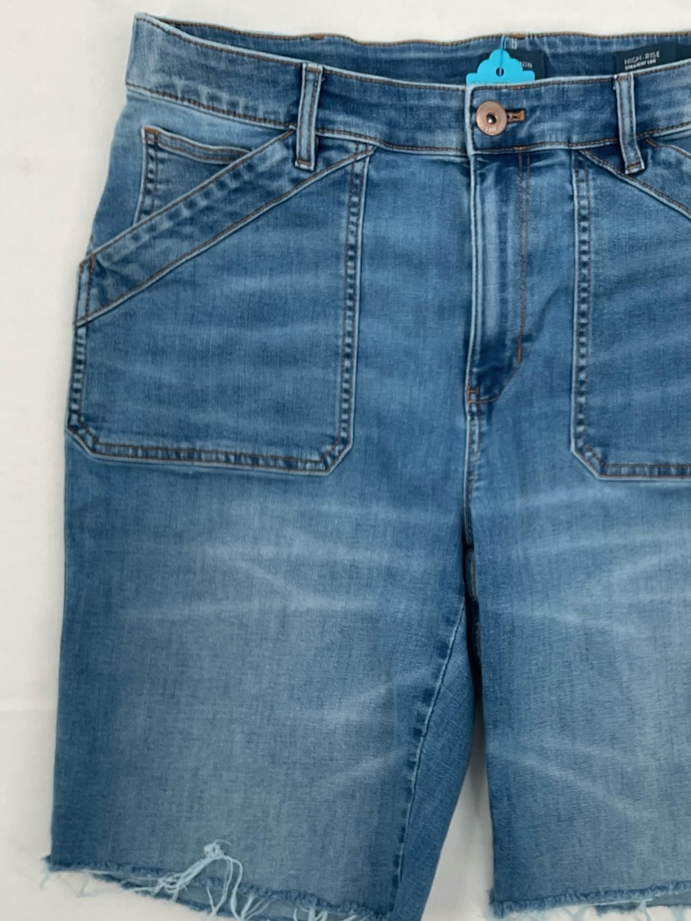 J. Jill High-Rise Straight Leg Jean Shorts in Medium Blue Raw Hem